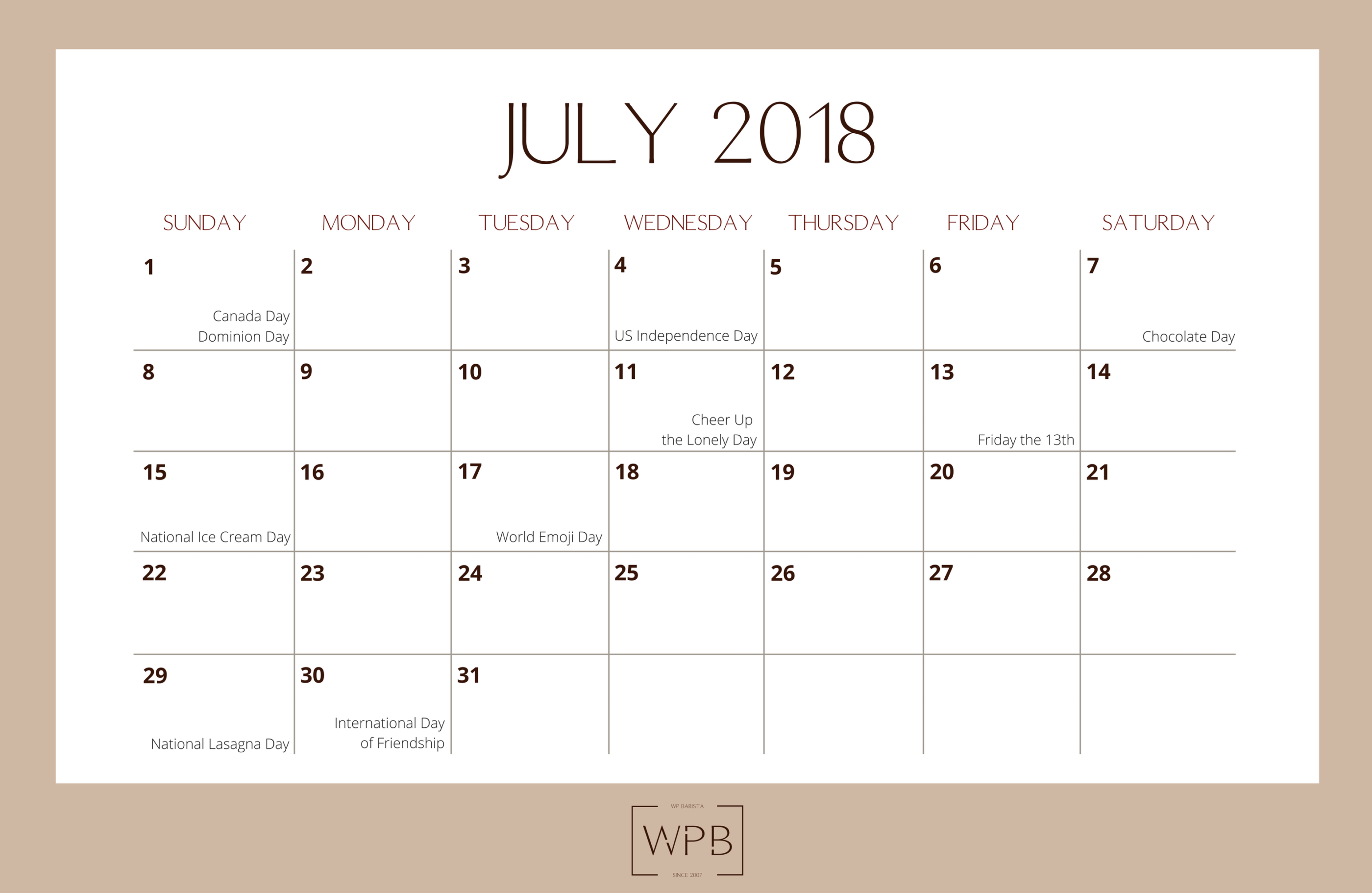 July 2018 Free Editorial Calendar