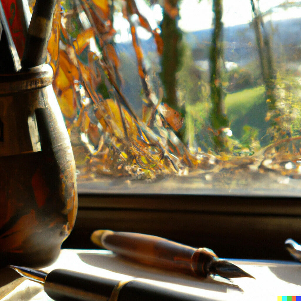 writing instruments on desk in front of fall window